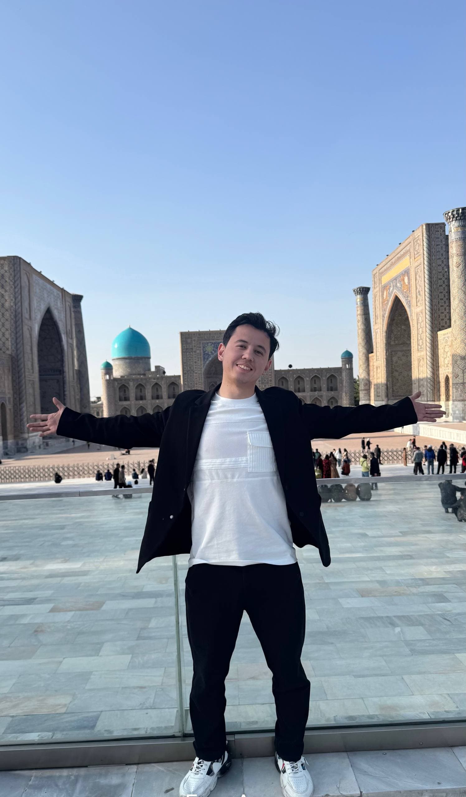 Sunnatbek Yusupov at Registan Square in Samarkand, Uzbekistan